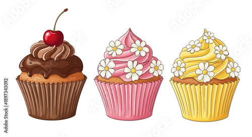 Set of Three Cupcakes with Flowers and Frosting