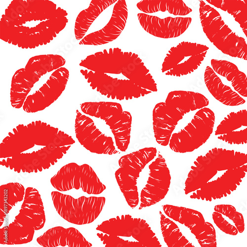 Red Lipstick Kiss Marks Seamless Pattern, Romantic Lips Print Vector for Cosmetic, Love, Fashion, Beauty, and Valentine Designs. Sexy Lips Illustration.