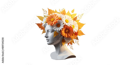 Classical Statue Bust with Orange Flowers Collage Art