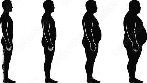 Silhouette illustration showing male body shape progression from fit to overweight, representing weight gain, obesity stages, health risk, lifestyle change, and physical transformation concept