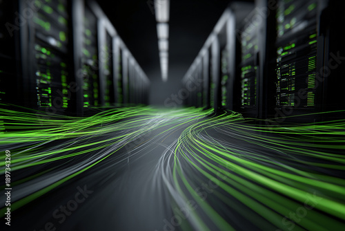 a data center with focus on energy lines moving using dark gray and black with bright green throughout showing energy