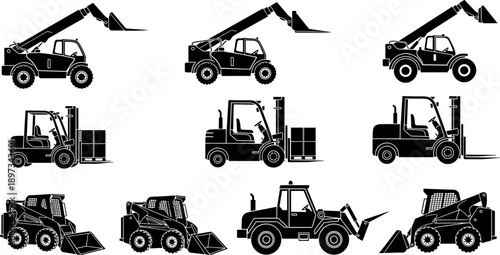 Construction equipment silhouettes including forklift, skid steer loader, telehandler, and wheel loader vehicles for industrial work, heavy machinery operations, and engineering industry illustration