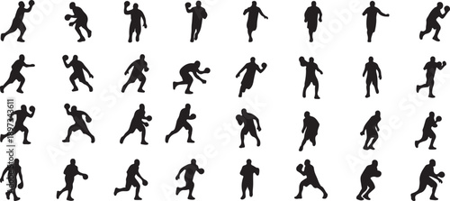 Collection of 32 black silhouettes of people running isolated on transparent background