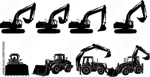 Construction machinery silhouette set featuring excavator and loader equipment, heavy industrial vehicles collection, black vector machines isolated on white background