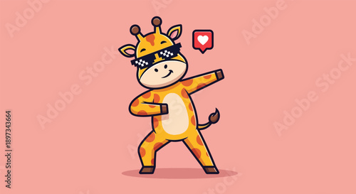 Cool Giraffe Wearing Sunglasses Doing Dab Pose with Social Media Like Icon.