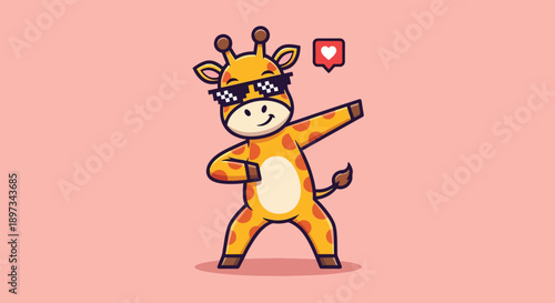 Cool Giraffe Wearing Sunglasses Dabbing Pose with Social Media Like Icon.
