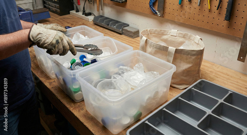 Gloved hands sorting plastic caps and containers for recycling on workbench