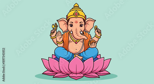 Cute Cartoon Ganesha Sitting on a Lotus Flower.