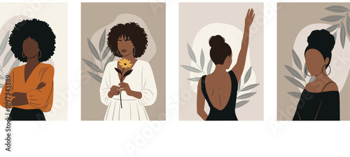 Set of modern illustrated portraits of diverse women, minimalist female art collection expressing beauty empowerment and cultural identity, aesthetic wall art isolated on backgrounds