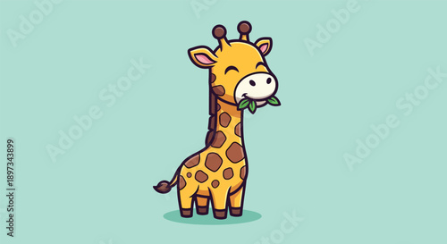 Cute Cartoon Giraffe Eating Leaves Vector.