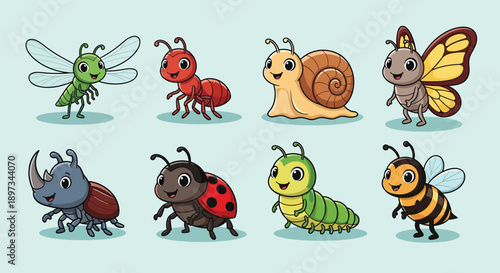 Cute Cartoon Insects and Bugs Collection Illustration.