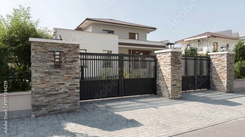 Elegant photo of Modern residential house exterior with decorative stone pillars and black metal driveway gate .Made Genarative AI