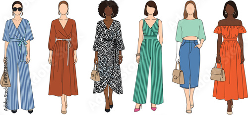 Stylish diverse women walking in elegant dresses, modern fashion illustration showcasing inclusive womenswear trends, chic urban lifestyle outfits isolated on white background