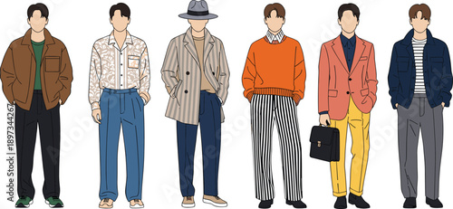Stylish men fashion illustration showcasing modern casual outfits and diverse streetwear looks, contemporary menswear characters for urban lifestyle clothing design isolated on white background