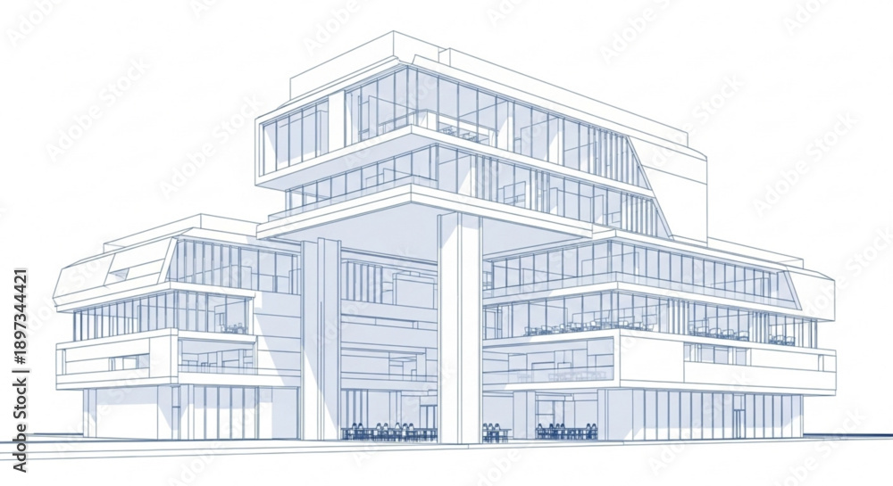 Fototapeta premium A detailed architectural blueprint of a modern multistory building with numerous windows and balconies