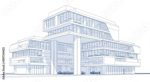 A detailed architectural blueprint of a modern multistory building with numerous windows and balconies