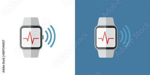 Smartwatch displaying heartbeat signal on screen in a split-screen visual representation