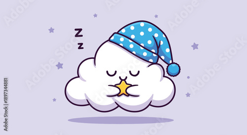 Cute sleeping cloud with a nightcap holding a star.
