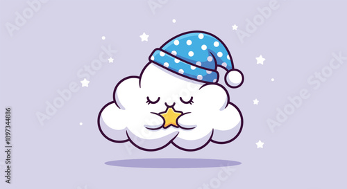 Cute sleeping cloud with a star and a sleeping cap.