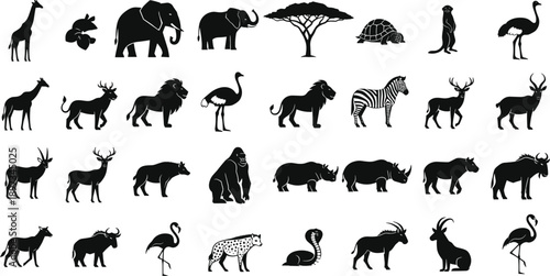 Large set of black African safari animal silhouettes isolated on white background for savanna nature scene construction wildlife education zoo graphics and adventure travel design