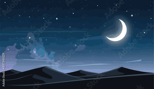 Crescent Moon in Night Sky Illustration.