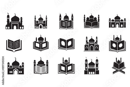 Islamic Mosque and Quran Icon Set - Ramadan Kareem Mosque Silhouette and Holy Book Vector Icons