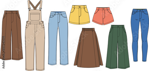 Women casual clothing collection illustration featuring pants skirts and shorts, modern fashion wardrobe essentials for everyday outfits isolated on white background minimal design