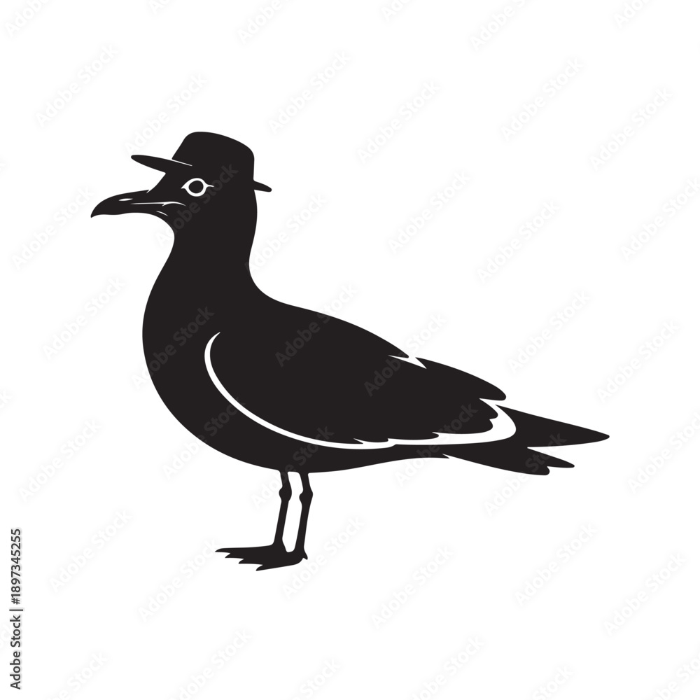 Obraz premium A black silhouette of a bird wearing a hat on a white background
