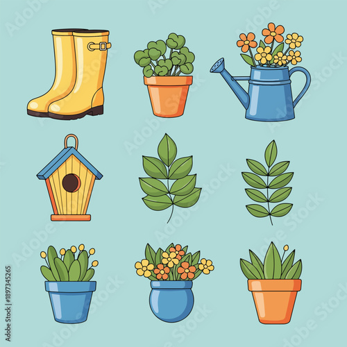 Gardening tools and plants collection.