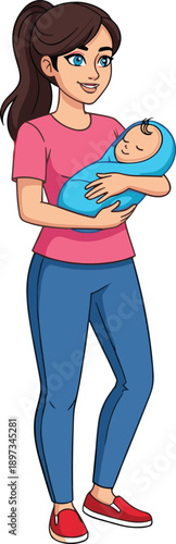 Young mother holding newborn baby illustration showing maternal love parenting childcare bonding family life concept isolated on white background cartoon style vector design