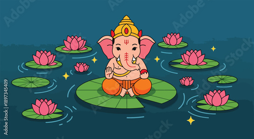 Lord Ganesha sitting on a lotus leaf surrounded by pink lotus flowers in water.