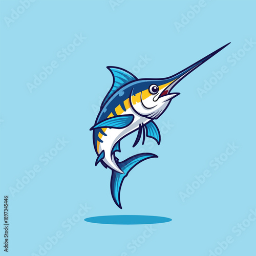 Marlin fish jumping out of water illustration.