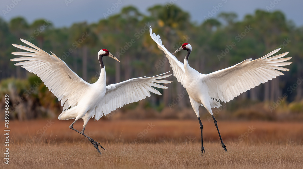 Fototapeta premium Whooping Crane Day, Two Whooping Cranes Jumping and Spreading Wings in Open Grassland Capturing Energy, Freedom, and Wildlife Conservation Spirit on Whooping Crane Day