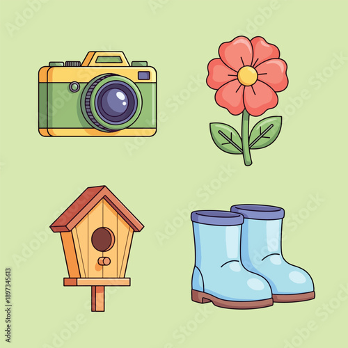 Springtime Essentials Camera Flower Birdhouse and Rain Boots.