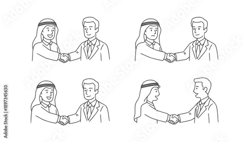 Arab Businessman Handshake Close-Up Portrait Vector Line Icon Set Black & White