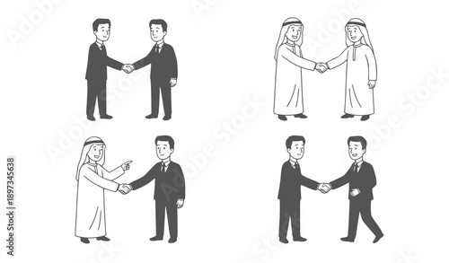 Arab Businessman and Non-Arab Full Body Handshake Vector Line Icon Set