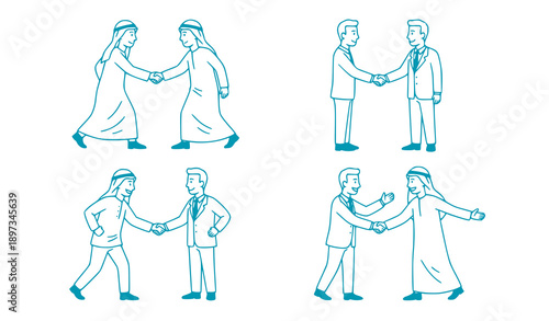 Arab Investment Handshake Vector Line Icon Set Side View Black & White