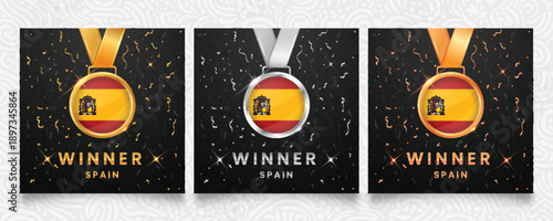 Celebrate Spanish victory with this premium set of gold, silver, and bronze winner medals featuring the national flag of Spain, set against a dark background with festive confetti