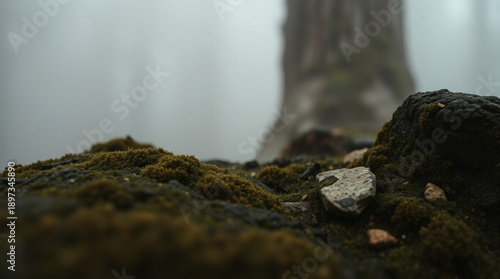 Low angle macro shot of dark mossy rocks on the forest floor with a blurry massive tree trunk in dense fog
