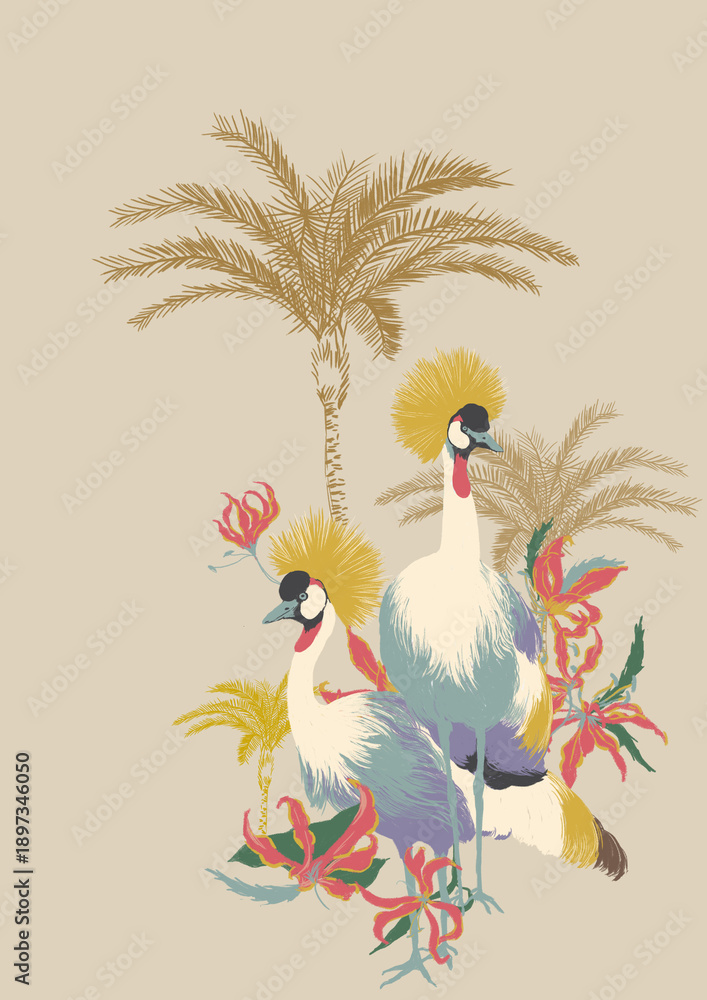 Naklejka premium Digital pattern combining the of exotic flowers and the grace of the crane, designed as a seamless repeating pattern. This design is perfect for a wide range of textile and decorative applications.
