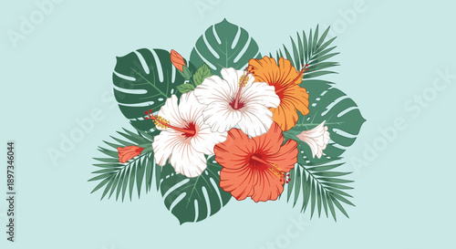 Tropical Hibiscus Flowers and Palm Leaves Arrangement.