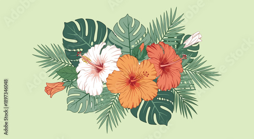 Tropical Hibiscus Flowers and Palm Leaves Arrangement Illustration.