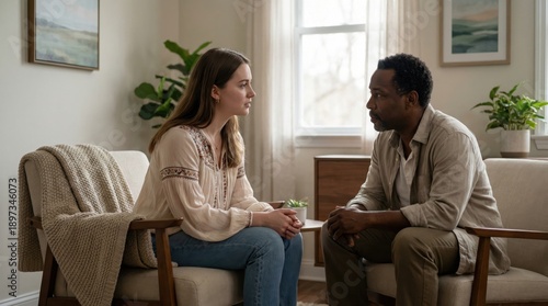 Diverse couple in therapy session discussing emotional issues and relationship challenges