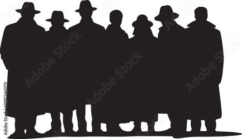 Silhouetted group of people wearing hats and coats standing closely together