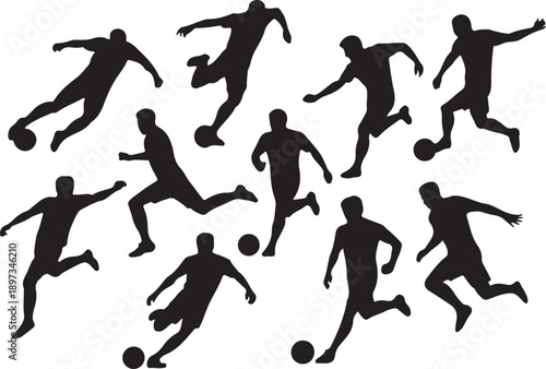 Silhouettes of soccer players in dynamic action poses with a ball