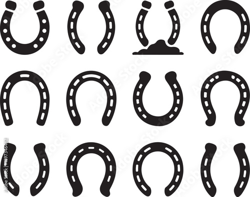 Collection of black horseshoe icons arranged in a grid with scattered nails