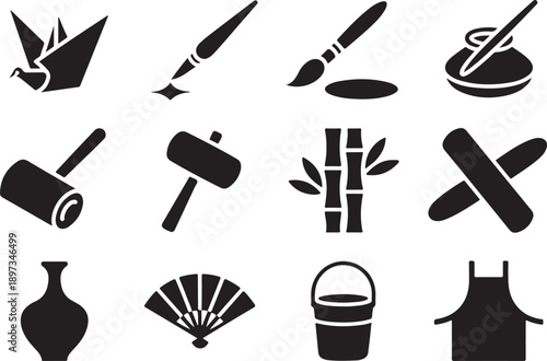 Black silhouette icons depicting traditional east asian art and craft tools