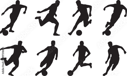 Silhouette illustrations of soccer players in various dynamic action poses