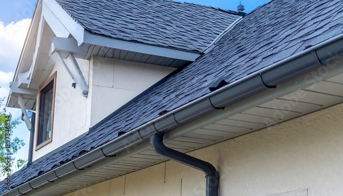 Close-up of a residential house roof with asphalt shingles and gutters.