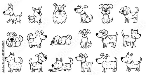 Doggy doodle hand drawn black and white dog vector illustration collection
